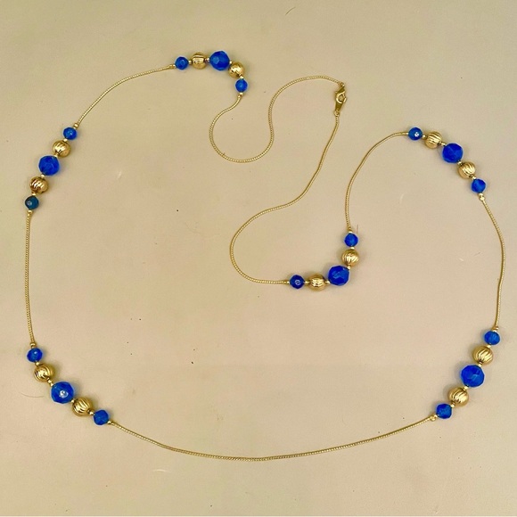 Vintage Jewelry - Vintage Cobalt Blue & Gold Bead Long Chain Necklace Gold Tone Plastic Metal